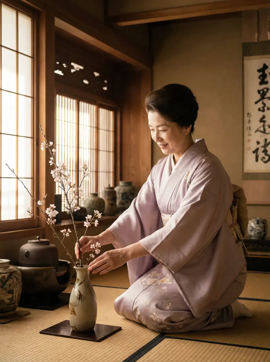 一位优雅的 每日吃瓜 在和室中插花